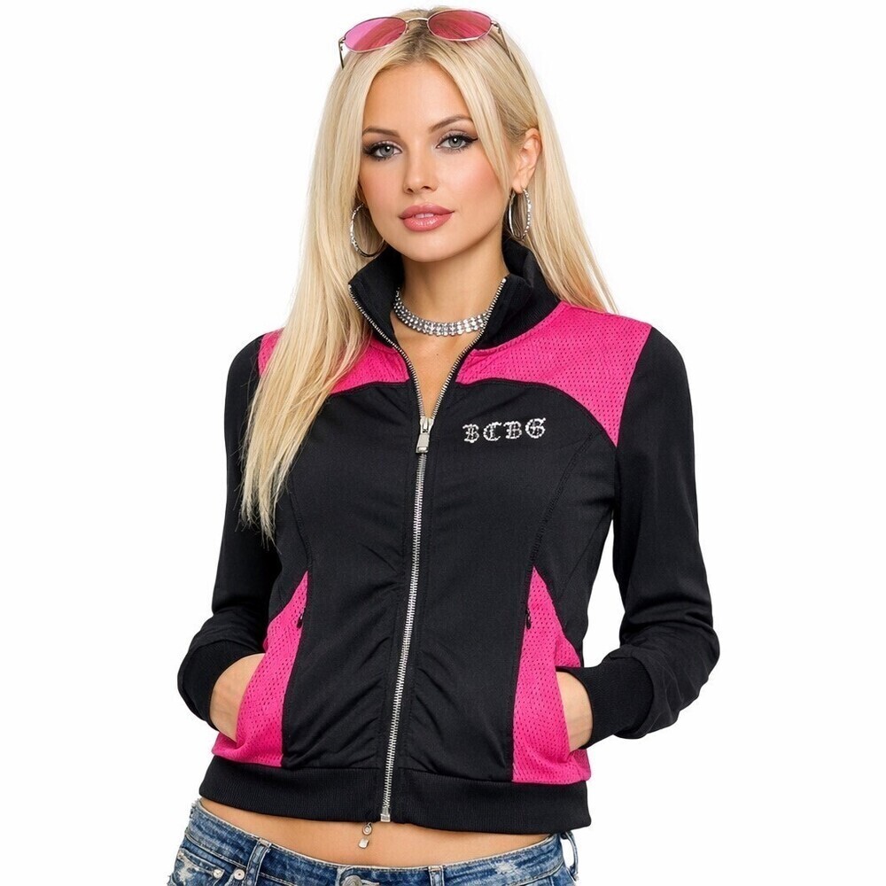 Vintage BCBG Max Azria Y2K Pink Mesh Accent Track Jacket Rhinestone Crest
